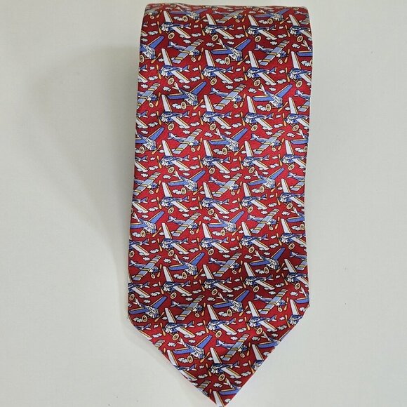 Beaufort Tie Rack Silk Tie Italy Red Multicolor Airplanes Clouds AOP W3.75 L59.5 - Picture 12 of 16